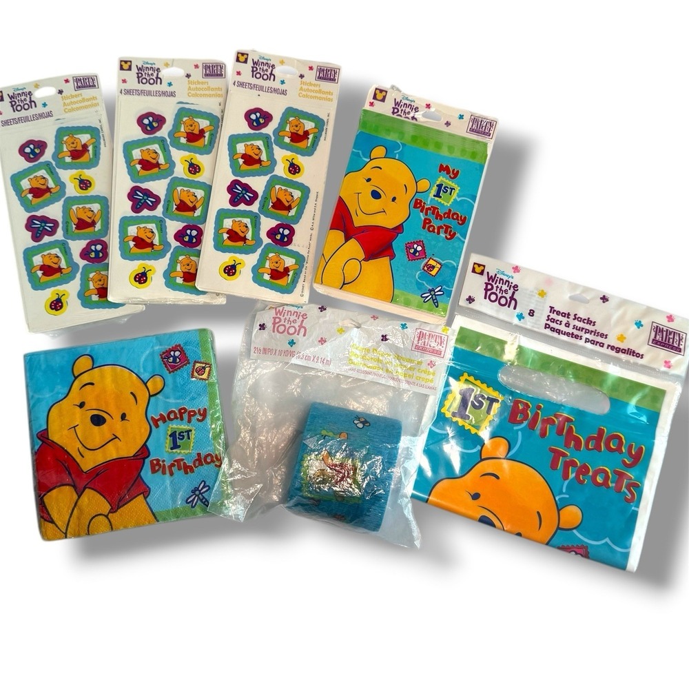 Vintage Winnie the Pooh 1st Birthday Party Supplies Bundle Napkins Invitations +